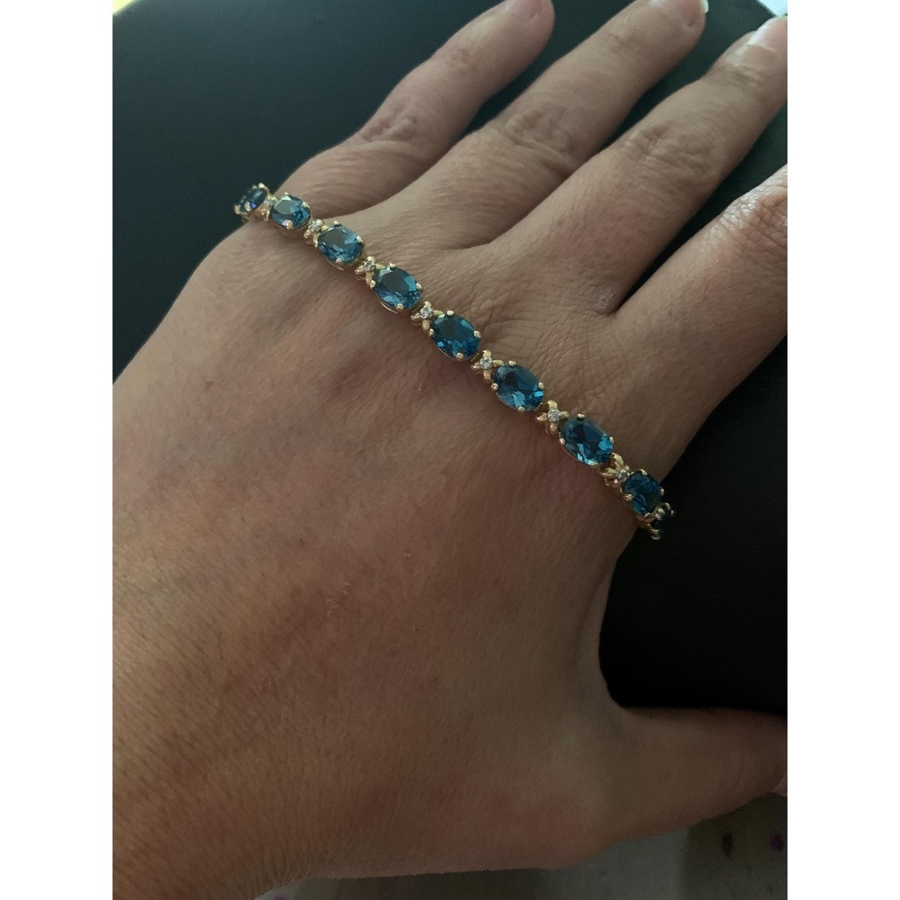 Natural Aquamarine Diamond Tennis Bracelet –‎ 14k Solid Gold, Oval Blue Gemstone